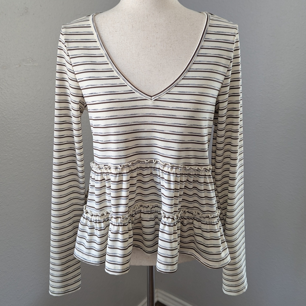 Striped Peplum Long Sleeve Top | Ruffle Tier Hem | Medium
